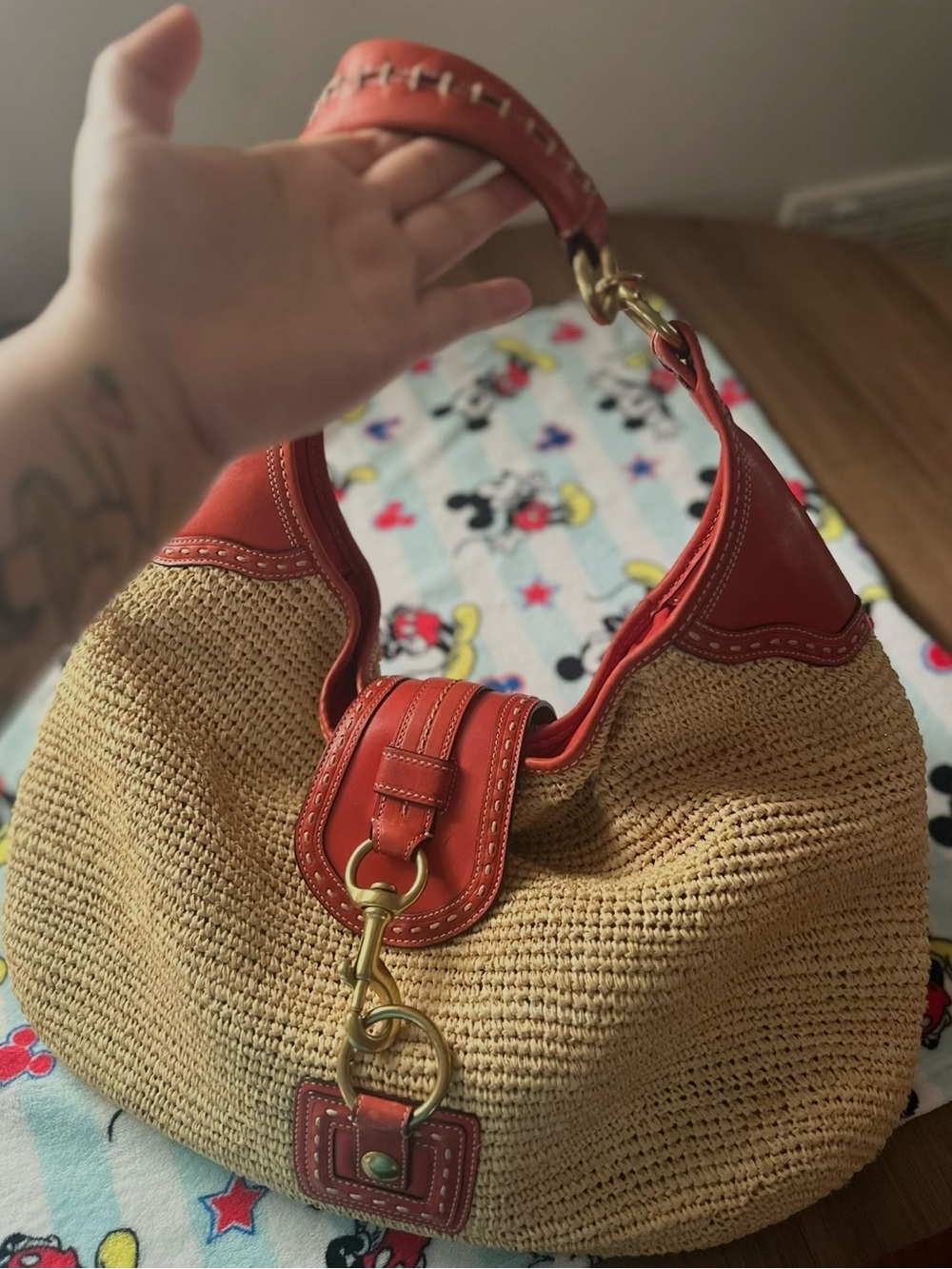 Coach Straw Hobo with Red Leather Trim and Gold Hardware